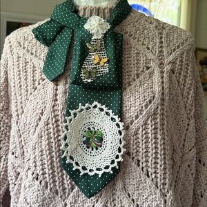 Handmade Upcycled Green Polka Dot Necktie Scarf Brooch
